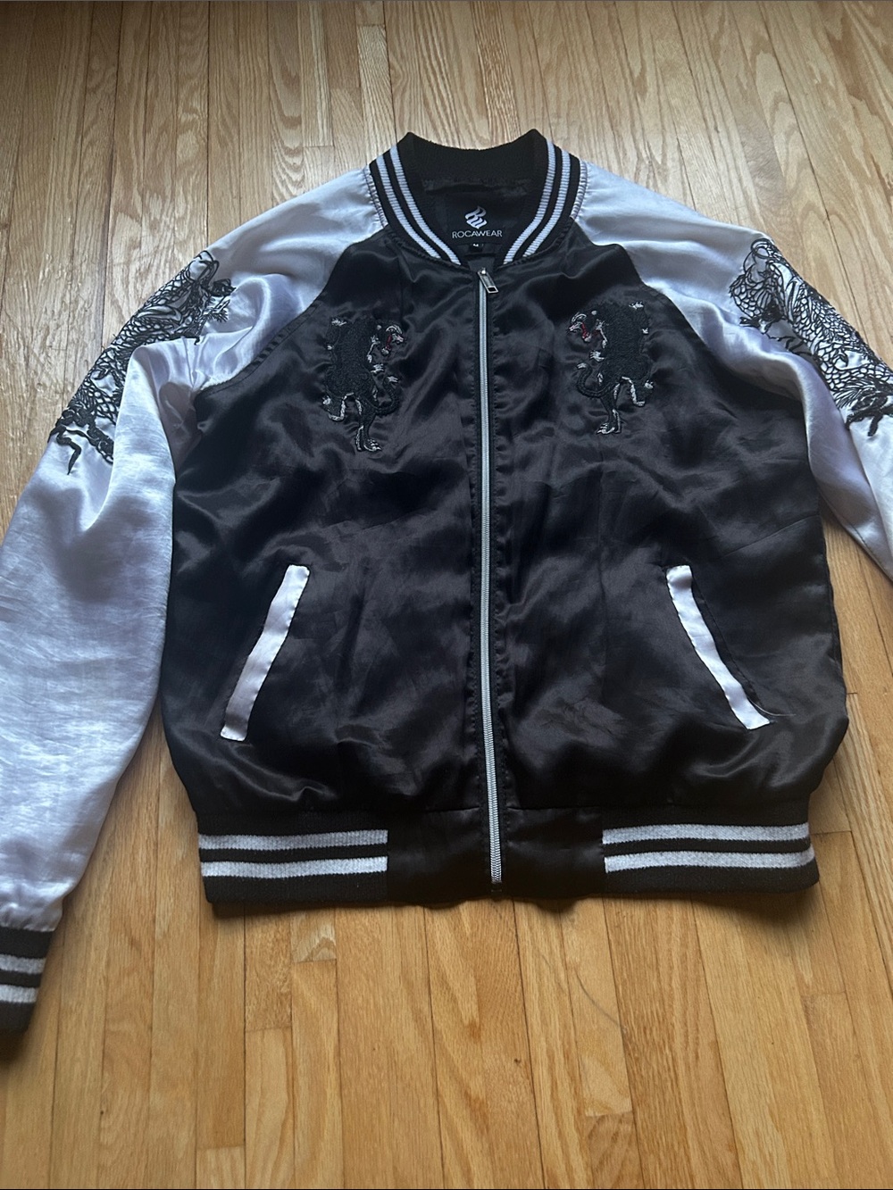 Vintage Rocawear Black and White Dragon Embroidered Satin Bomber